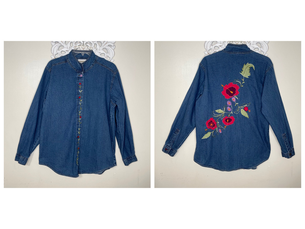 Coldwater Creek LARGE Denim Shirt Jacket Button up Embroidered Applique Flowers